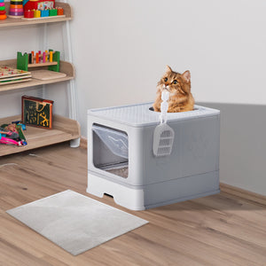 Ajexen Enclosed Cat Litter Box with Top Exit & Pull-Out Tray – 51x40x38cm Grey PP Plastic, Mess-Free & Odor Control