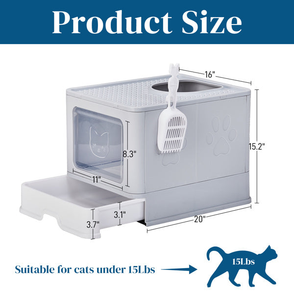 Ajexen Enclosed Cat Litter Box with Top Exit & Pull-Out Tray – 51x40x38cm Grey PP Plastic, Mess-Free & Odor Control