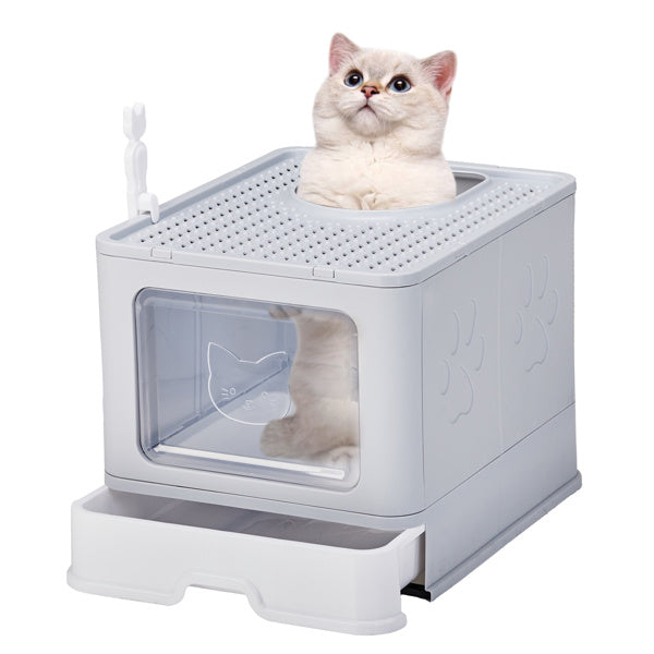 Ajexen Enclosed Cat Litter Box with Top Exit & Pull-Out Tray – 51x40x38cm Grey PP Plastic, Mess-Free & Odor Control