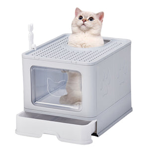 Ajexen Enclosed Cat Litter Box with Top Exit & Pull-Out Tray – 51x40x38cm Grey PP Plastic, Mess-Free & Odor Control