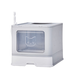 Ajexen Enclosed Cat Litter Box with Top Exit & Pull-Out Tray – 51x40x38cm Grey PP Plastic, Mess-Free & Odor Control