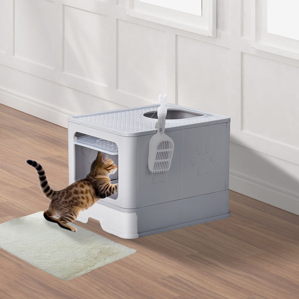 Ajexen Enclosed Cat Litter Box with Top Exit & Pull-Out Tray – 51x40x38cm Grey PP Plastic, Mess-Free & Odor Control