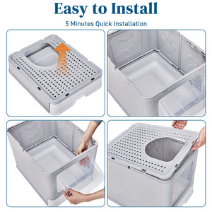 Ajexen Enclosed Cat Litter Box with Top Exit & Pull-Out Tray – 51x40x38cm Grey PP Plastic, Mess-Free & Odor Control