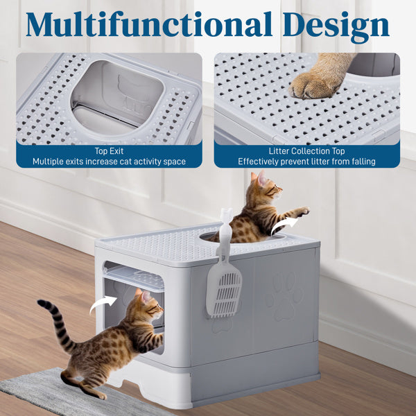 Ajexen Enclosed Cat Litter Box with Top Exit & Pull-Out Tray – 51x40x38cm Grey PP Plastic, Mess-Free & Odor Control