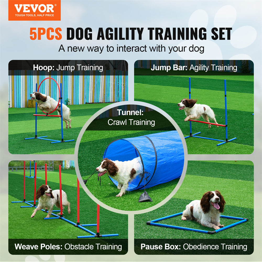 Ajexen VEVOR 5 PCS Dog Agility Training Equipment Set – Hurdles, Tunnel, Jump Ring & More for Pet Exercise & Obedience