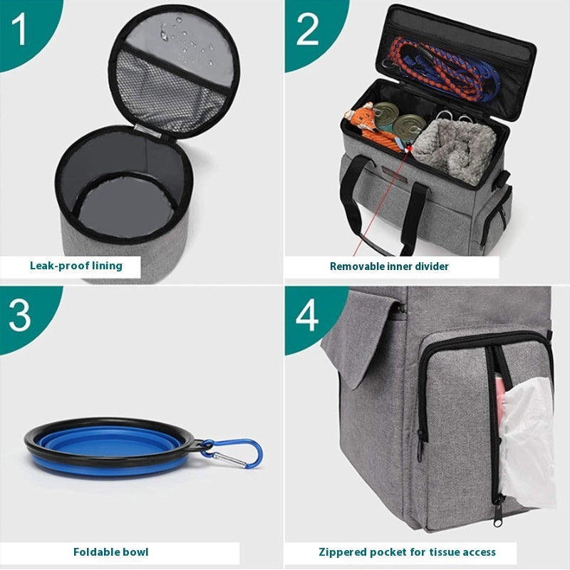 Ajexen Dog Travel Bag Kit – Large-Capacity Pet Backpack with Removable Divider, Training Bag & Mat for Outdoor Trips, Oxford Cloth, Gray