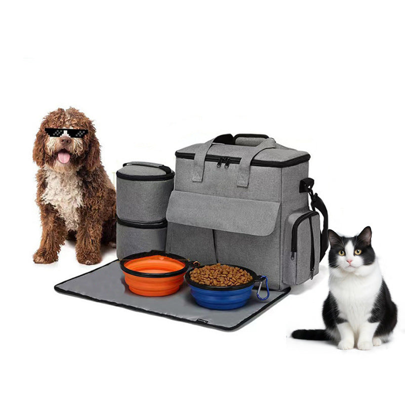 Ajexen Dog Travel Bag Kit – Large-Capacity Pet Backpack with Removable Divider, Training Bag & Mat for Outdoor Trips, Oxford Cloth, Gray