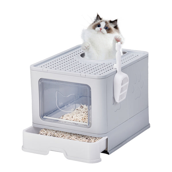 Ajexen Enclosed Cat Litter Box with Top Exit & Pull-Out Tray – 51x40x38cm Grey PP Plastic, Mess-Free & Odor Control