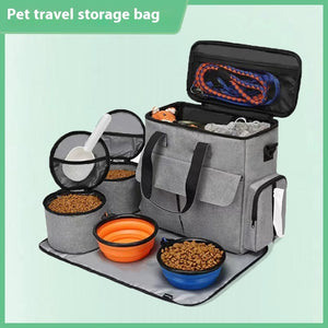 Ajexen Dog Travel Bag Kit – Large-Capacity Pet Backpack with Removable Divider, Training Bag & Mat for Outdoor Trips, Oxford Cloth, Gray