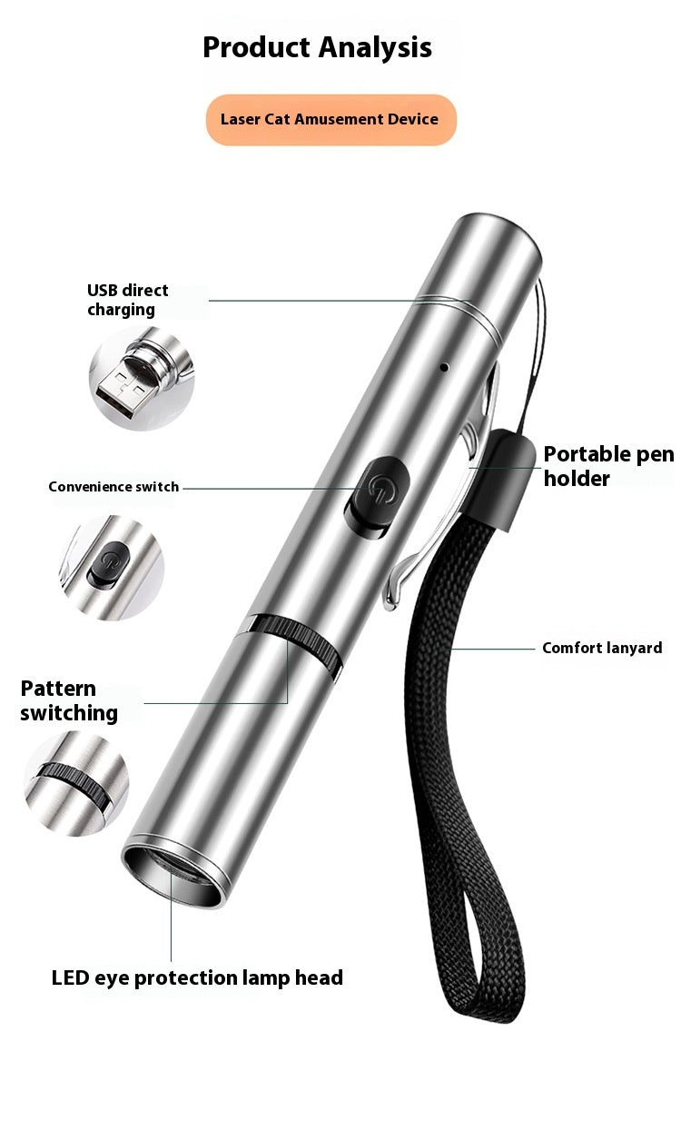 Ajexen Charging Projection Cat Teasing Flashlight – USB Rechargeable Stainless Steel Interactive Cat Toy Light