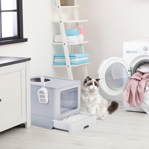 Ajexen Enclosed Cat Litter Box with Top Exit & Pull-Out Tray – 51x40x38cm Grey PP Plastic, Mess-Free & Odor Control