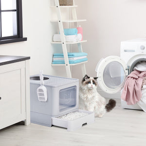 Ajexen Enclosed Cat Litter Box with Top Exit & Pull-Out Tray – 51x40x38cm Grey PP Plastic, Mess-Free & Odor Control