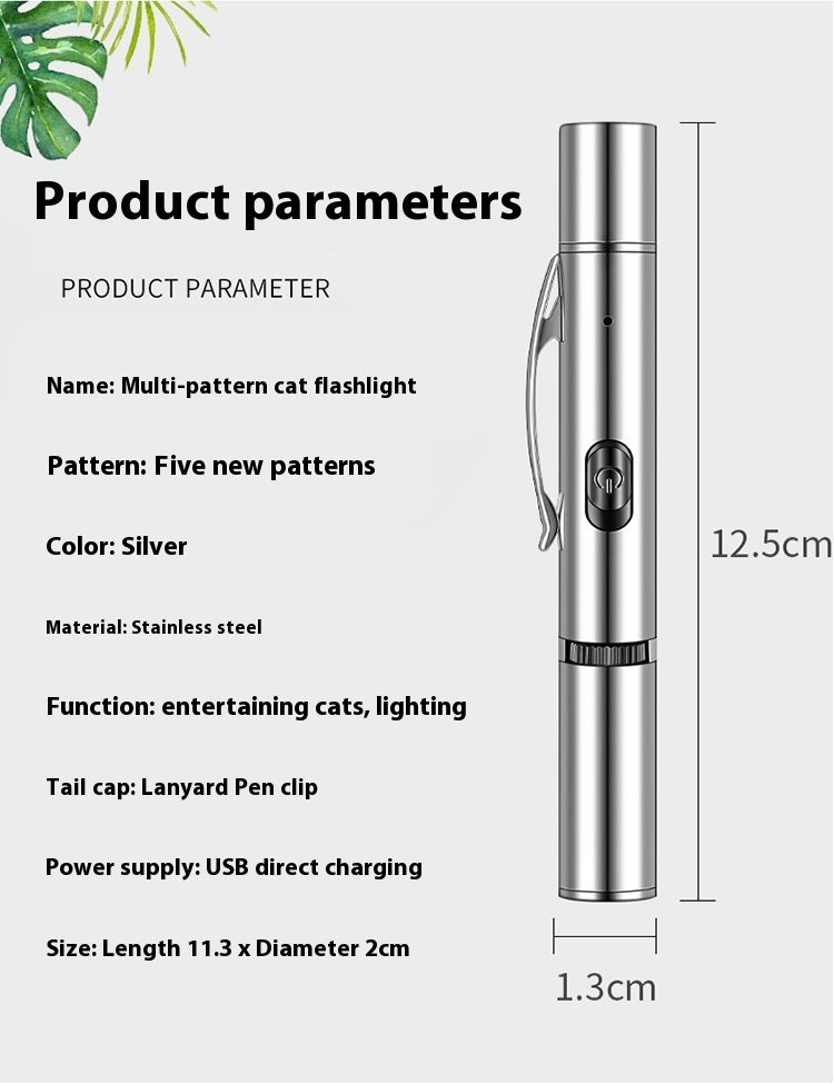 Ajexen Charging Projection Cat Teasing Flashlight – USB Rechargeable Stainless Steel Interactive Cat Toy Light